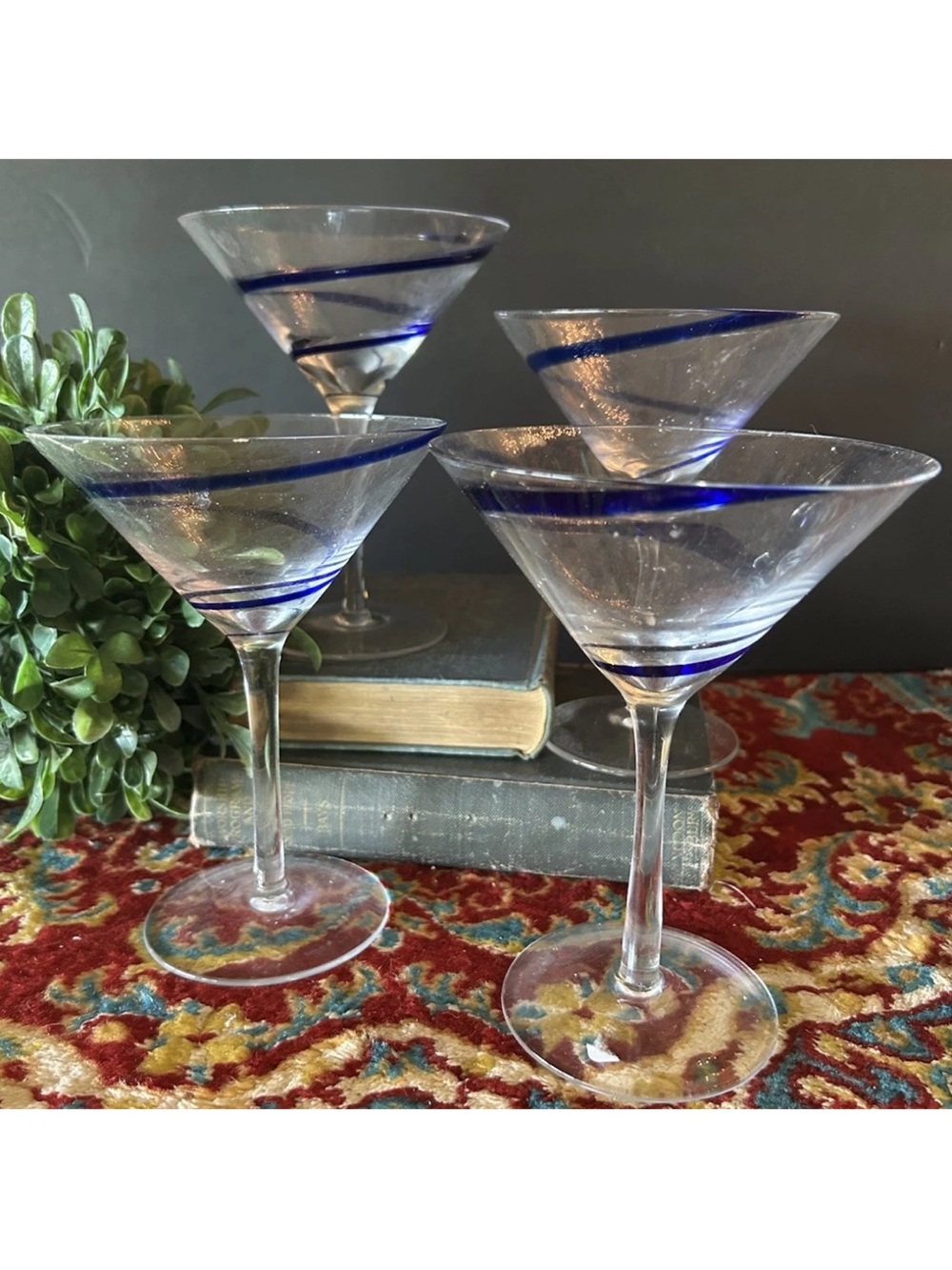 4‎ Pier 1 Swirline Blue Martini Cocktail Glasses 6.5" Excellent Condition